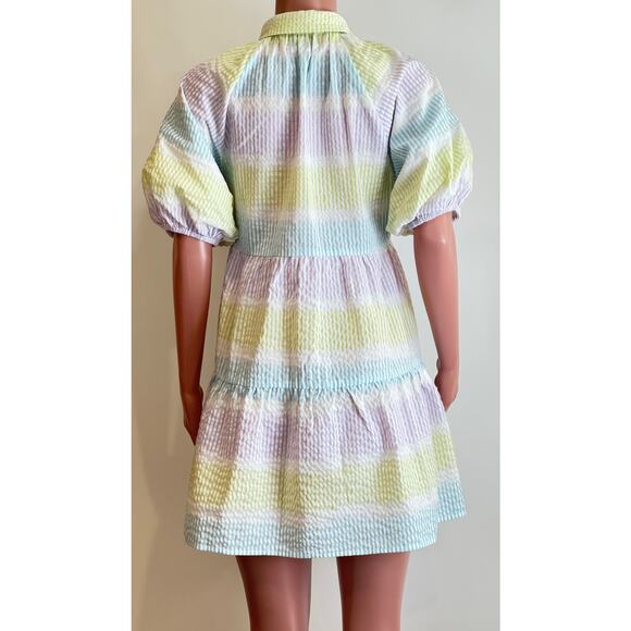 Saylor Tressie Mini Shirt Dress Womens M Seersucker Puff Sleeve Pastel Stripe - Picture 5 of 13